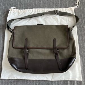 A.P.C. Leather trimmed khaki green canvas messenger bag. Unisex